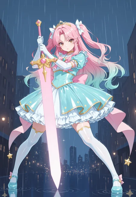 1girl, kaiseisakuraba, pink hair, brown eyes, long sidelocks, two side up, long hair, multicolored hair, gradient hair, aqua tips, masterpiece, best quality, absurdres,
(pastel colors, pastel blue), pastel blue magical girl, padded magical girl dress, kawaii, frilled skirt, thighhighs, pastel aqua dress, multilayered dress, tuku, petticoat, padded dress, puffy short sleeves, elbow gloves, gold tiara, gem brooch, large bow, ribbons, lace trim, frills, latex, shiny clothes, sparkles, glitter, star earrings, rainbow accessories, jewelry, frilled mary janes,
lipgloss, eyelashes, light blush, light makeup,
outdoors, city, night, overcast, rain,
solo, fighting stance, serious, (sword guard stance), two-handed, holding sword, energy sword, huge weapon,
intricate, highly detailed, majestic, shallow depth of field, movie still, circular polarizer, reflection
