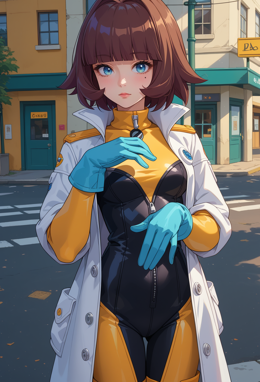 score_9, score_7_up, source_anime, BREAK  solo, <lora:AEEliana:0.7> AEEliana, blue eyes, blunt bangs, brown hair, short hair, mole under eye, black shirt, two-tone bodysuit, black bodysuit, yellow bodysuit, long sleeves, turtleneck, white coat, blue gloves, black footwear, knee boots, standing, adjusting gloves,