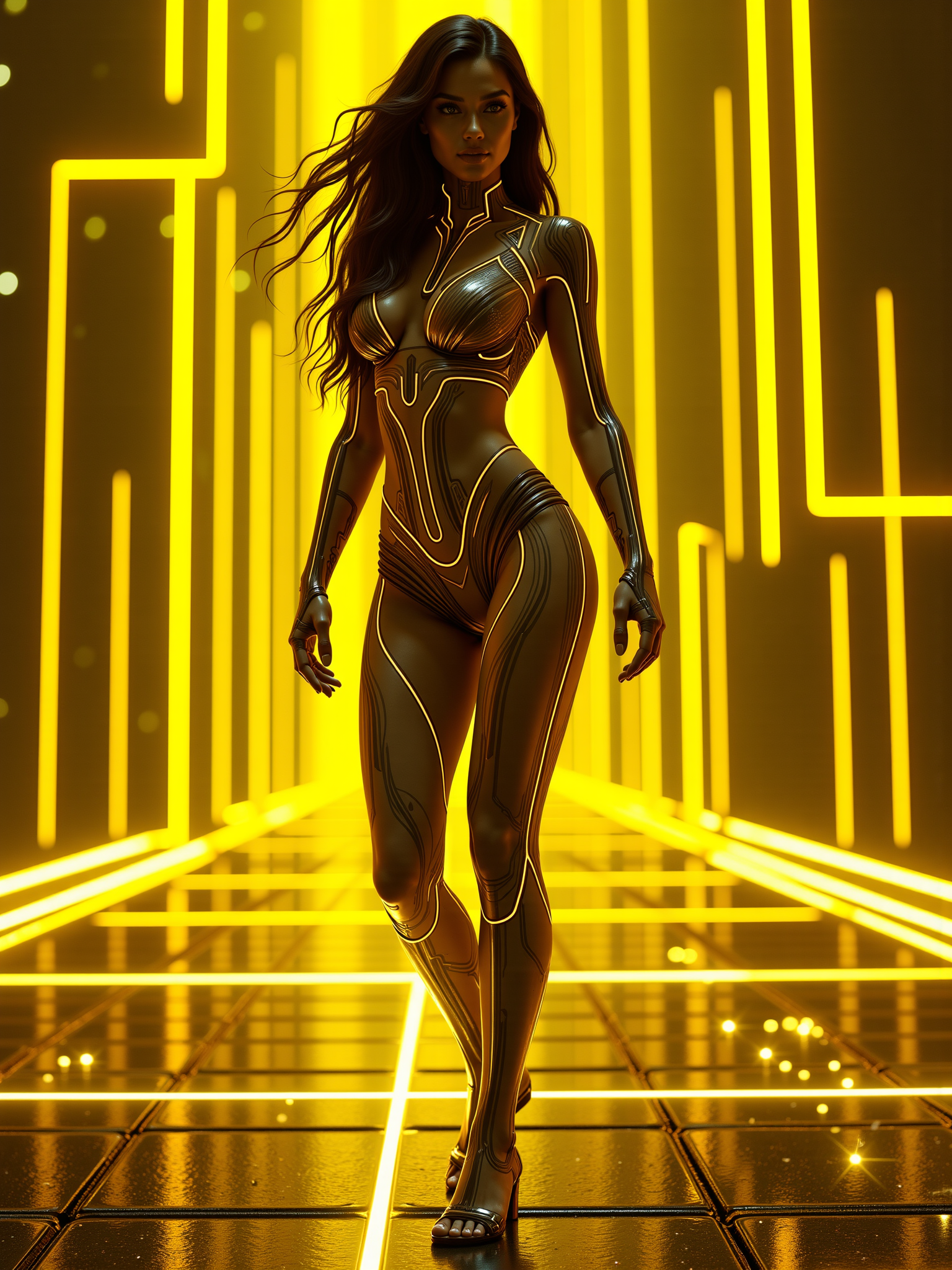 (glowing neon text reading "Neon Cyberpunk Cyberspace" floating in the bottom), mad-cyberspace, woman wearing futuristic bodysuit, dynamic pose, yellow glowing outlines, yellow coloring, grid, cyberpunk, cityscape, photorealistic  <lora:Neon_Cyberpunk_Cyberspace_FLUX:0.8>