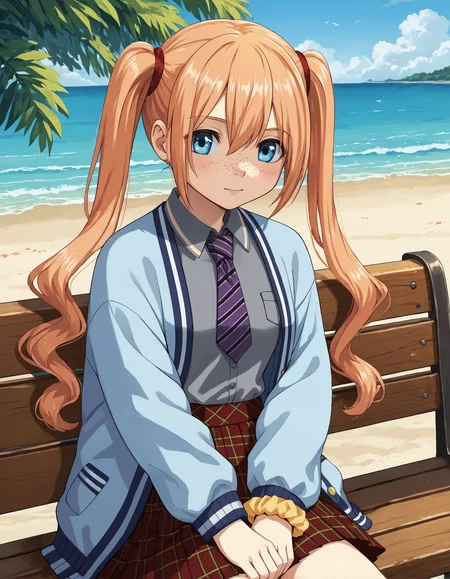 score_9, score_8_up, source_anime, 1girl, upper body, medium shot, detailed, mgrcyukarimiyuri, myrcsl, orange hair, twintails, freckles, blue eyes, red scrunchies, grey shirt, purple striped tie, blue open cardigan, yellow bracelet, red pleated plaid skirt, sitting, bench, outdoors, beach, hands between legs, (side view:0.7), <lora:mgrcyukarimiyuri_XL:0.95>