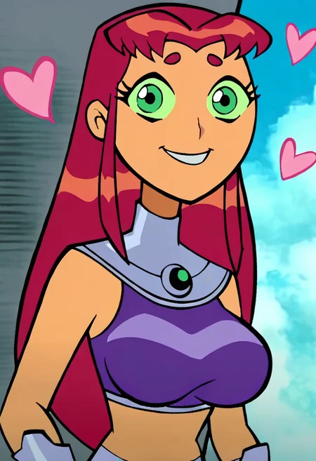 score_9, score_8_up, score_7_up, score_6_up, score_5_up, score_4_up, source_cartoon, cartoon,   BREAK solo, 1girl, mature female,  looking at viewer, eye contact,  upper body,  huge breasts, round breasts, orange hair, green eyes, happy, hearts, starfire,  orange skin,