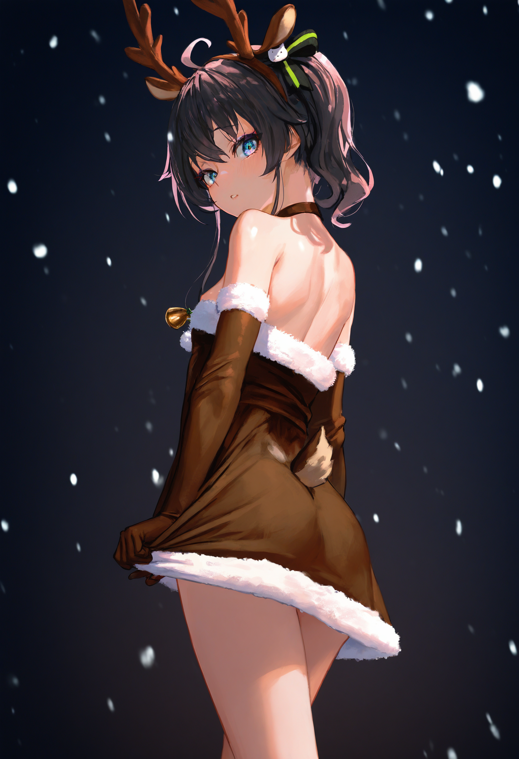 by [lack|fuzichoco|lam|kinta \(distortion\)|wlop|quasarcake|nixeu|happoubi jin|miyajima reiji],
natsuiro matsuri, 1girl, solo, long hair, purple eyes, black hair, side ponytail, bell, deer ears, reindeer antlers, looking at viewer, fake animal ears, dress tug, blush, holding, looking back, brown gloves, small breasts, elbow gloves, fur-trimmed dress, christmas, brown dress, brown sleeves, snowing, reindeer costume, fake tail, fake antlers, short dress, bare shoulders, from behind, clothes pull, fur-trimmed sleeves,
impasto, vignetting, chiaroscuro, masterpiece, best quality, very aesthetic, absurdres
<lora:illustrious_noobai_epsilon_pred_11_christmas_collection_v1:1>
