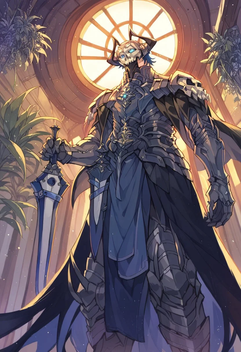 score_9, score_8_up, score_7_up, score_6_up, source_anime, 1boy, male focus <lora:mbyleth-pdxl-nvwls-v1-000005:1> defmByl, dark blue hair, short hair, blue eyes, hair between eyes, 1boy, armor, full armor, knight, skull, mask, horns, pauldrons, holding sword, from below, glowing eyes, holding sword, looking at viewer, indoors, spacecraft interior, plant <lora:First_Hassan:1>, score_9, score_8_up, score_7_up, score_6_up, score_5_up, score_4_up, BREAK source_anime, masterpiece,