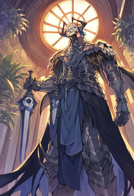 score_9, score_8_up, score_7_up, score_6_up, source_anime, 1boy, male focus <lora:mbyleth-pdxl-nvwls-v1-000005:1> defmByl, dark blue hair, short hair, blue eyes, hair between eyes, 1boy, armor, full armor, knight, skull, mask, horns, pauldrons, holding sword, from below, glowing eyes, holding sword, looking at viewer, indoors, spacecraft interior, plant <lora:First_Hassan:1>, score_9, score_8_up, score_7_up, score_6_up, score_5_up, score_4_up, BREAK source_anime, masterpiece,