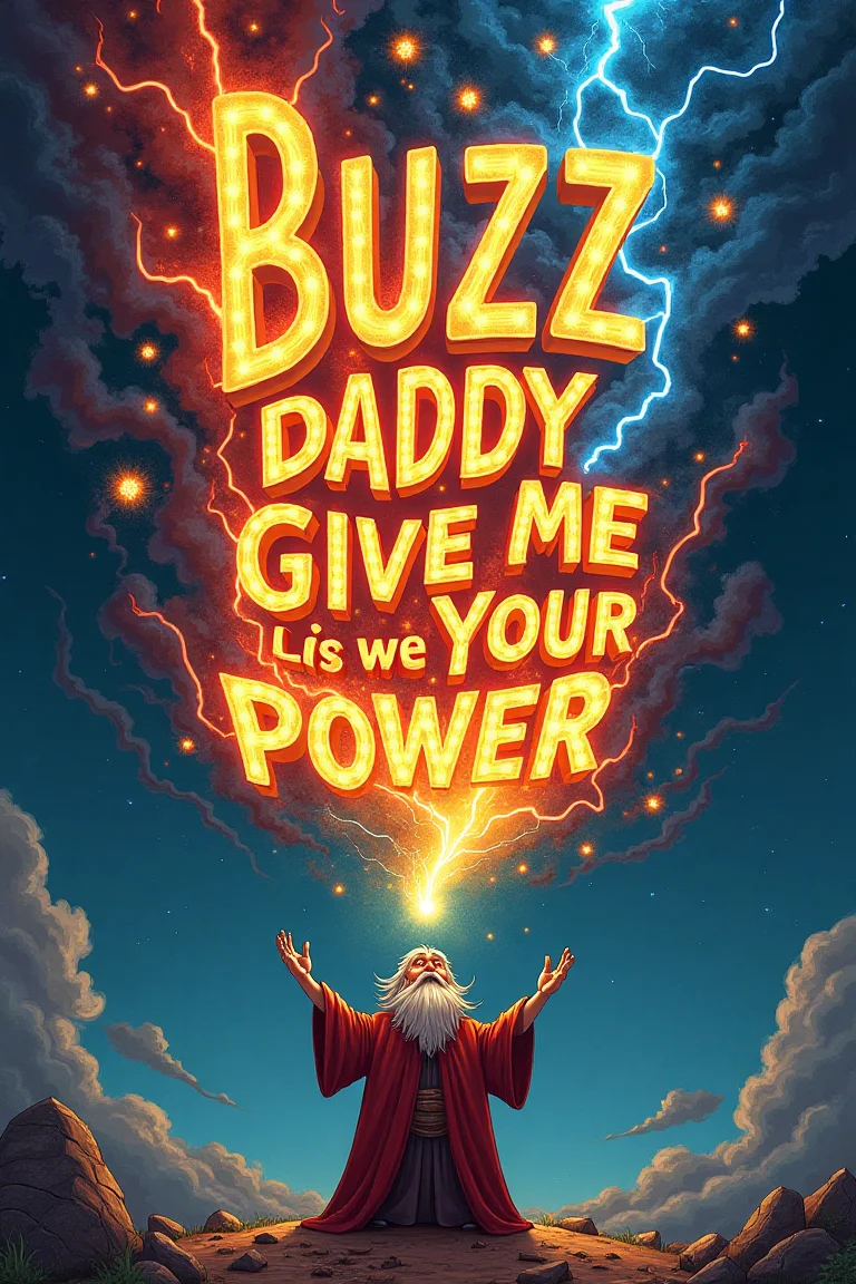 text "Buzz, daddy, give me your power." Incredible text woven from fire, thunder, wind and lightning. Fantastic colors. The text is upside down. The old wizard below is on his knees, raising his hands to the sky. cartoon. parody, detailed man. man focus