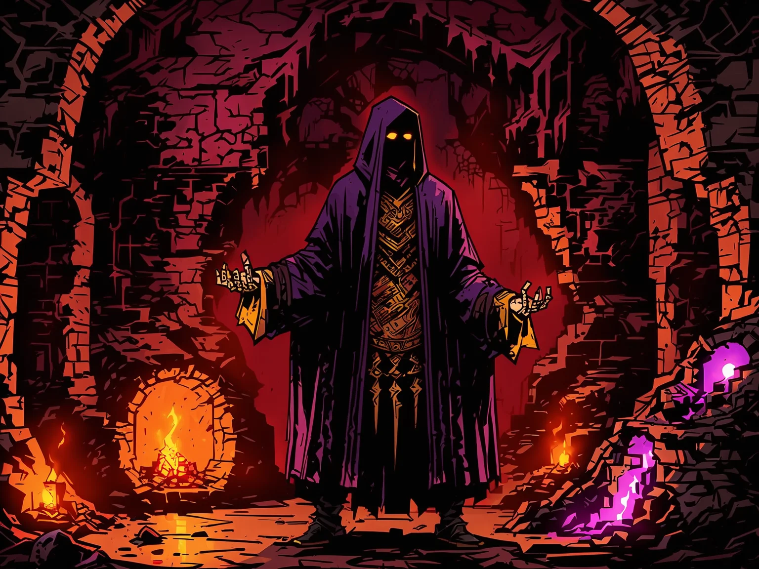 masterpiece, best quality, ddstyle, dsview,
The mysterious dark sorcerer wears a pitch-black robe, with his face hidden beneath a deep hood, revealing only a chilling gaze. He stands in an abandoned underground cavern, where the walls are covered in ancient runes, and the floor is lit by dark purple magical flames, casting an eerie glow,
<lora:DDstyleV1-000024:0.8>