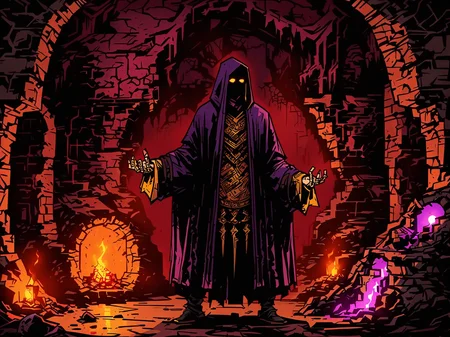 masterpiece, best quality, ddstyle, dsview,
The mysterious dark sorcerer wears a pitch-black robe, with his face hidden beneath a deep hood, revealing only a chilling gaze. He stands in an abandoned underground cavern, where the walls are covered in ancient runes, and the floor is lit by dark purple magical flames, casting an eerie glow,
<lora:DDstyleV1-000024:0.8>