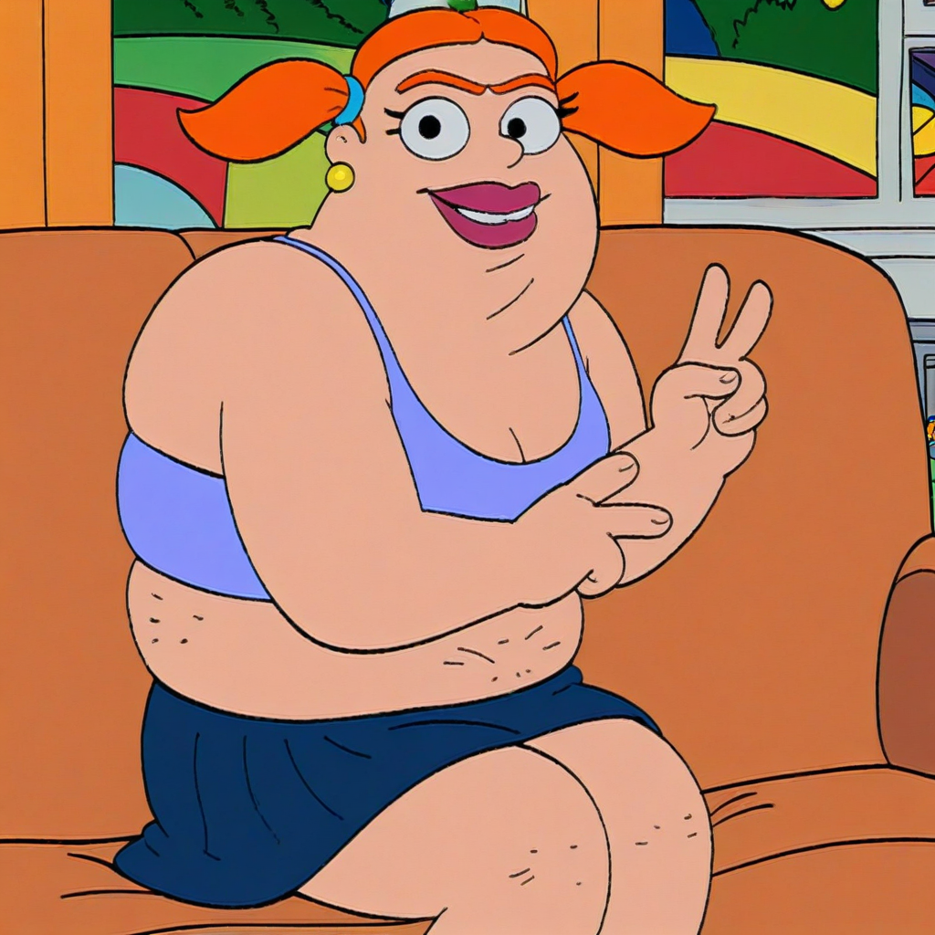 score_9, solo, jewel_ad, orange hair, twintails. plump, earrings, crop top, blue skirt, looking at viewer, v, sitting, sofa