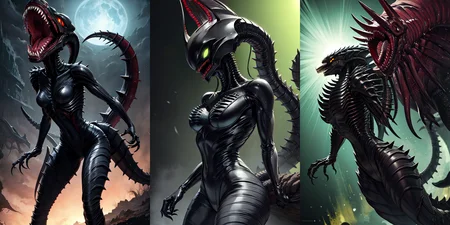 (otherworldly), highly insanely detailed, masterpiece, top quality, best quality, highres, 4k, 8k, RAW photo, (very aesthetic, beautiful and aesthetic),
__lazy-wildcards/cosplay-char/alien-predator/xenomorph/prompts__,
<lora:FemXeno:0.3>,
(1girl:1.3), eyes focus,
__lazy-wildcards/dataset/background__,âââ