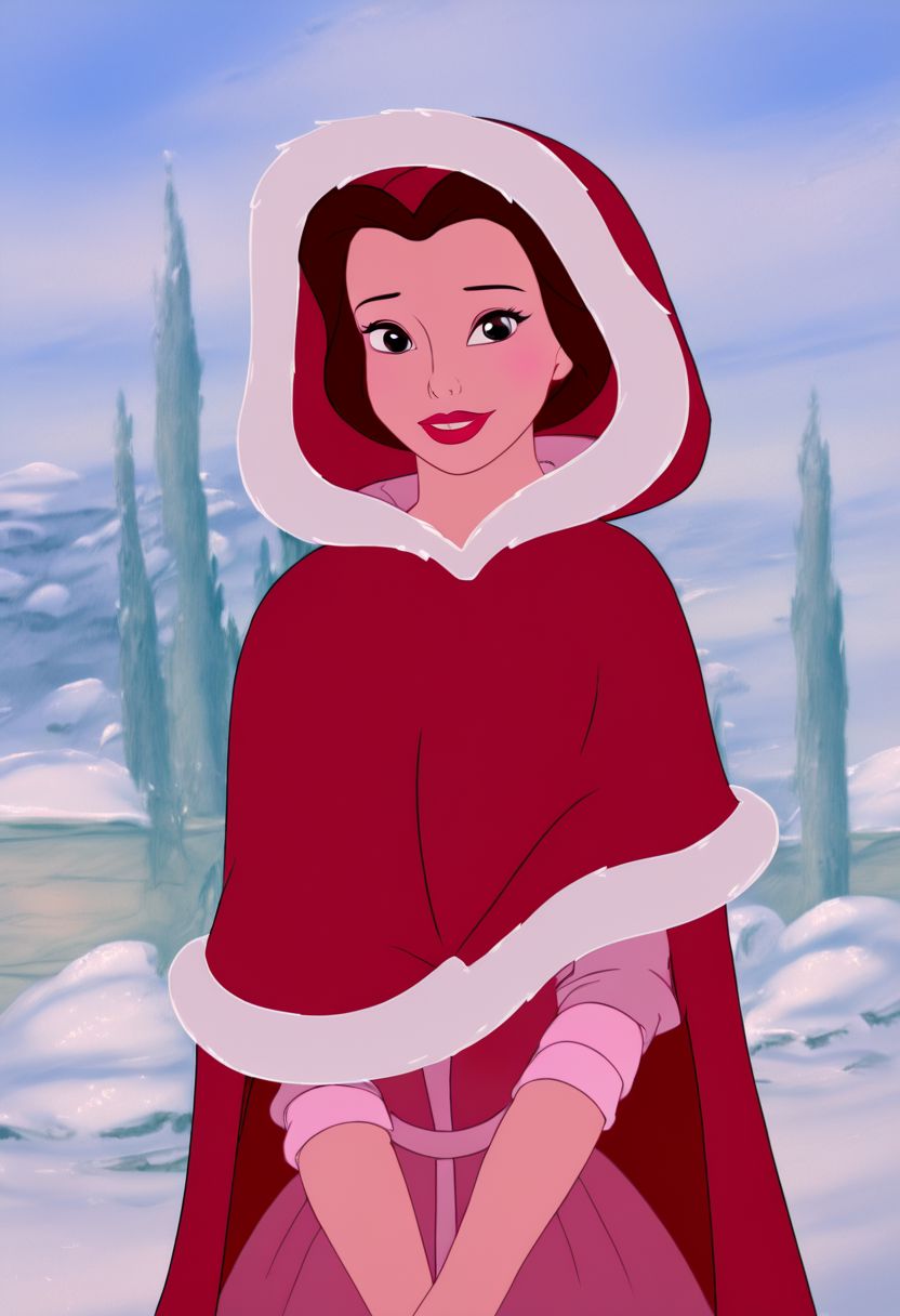 Portrait, original style,
Belle, , hooded in red winter cape, flirty, white fur edges, desirable