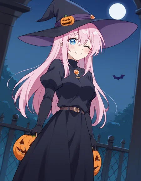 score_9, score_8_up, score_7_up, source_anime, <lora:miyako-shikimori-s1-ponyxl-lora-nochekaiser:1>, miyako shikimori, long hair, blue eyes, hair between eyes, pink hair, medium breasts,, <lora:witch-ponyxl-lora-nochekaiser:1>, witch, hat, witch hat, dress, halloween, halloween costume, jewelry,, night, moon, blush, smile, one eye closed,, , dutch angle, cowboy shot