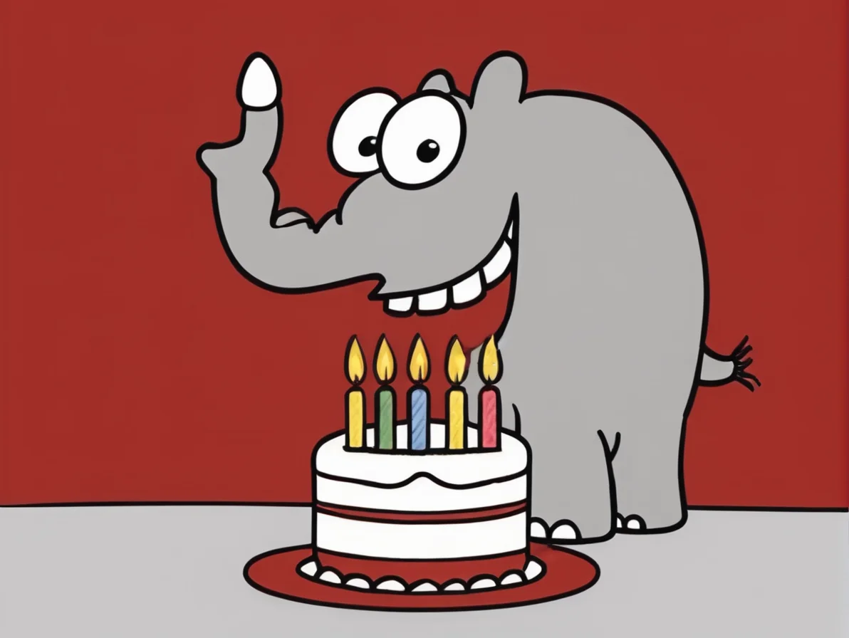 <lora:Ottifant_sdxl:0.7> Ottifant , smiling, with a birthday cake, candles in shape of a 60