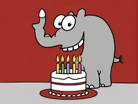 <lora:Ottifant_sdxl:0.7> Ottifant , smiling, with a birthday cake, candles in shape of a 60