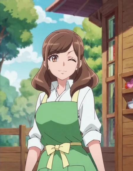 score_9, score_8_up, score_7_up, anime screencap, solo,1girl, one eye closed, brown hair, brown eyes, smile, long hair, white shirt, tree, looking at viewer, collared shirt, cowboy shot, closed mouth, apron ,large breasts,<lora:hiramitsumei:0.8>