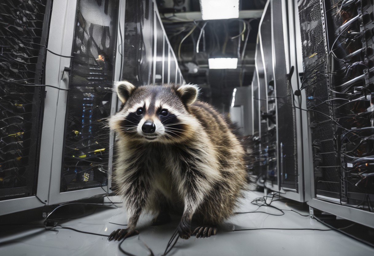 racoon selfie, in a messy server room, lagging screens on walls, servers racks