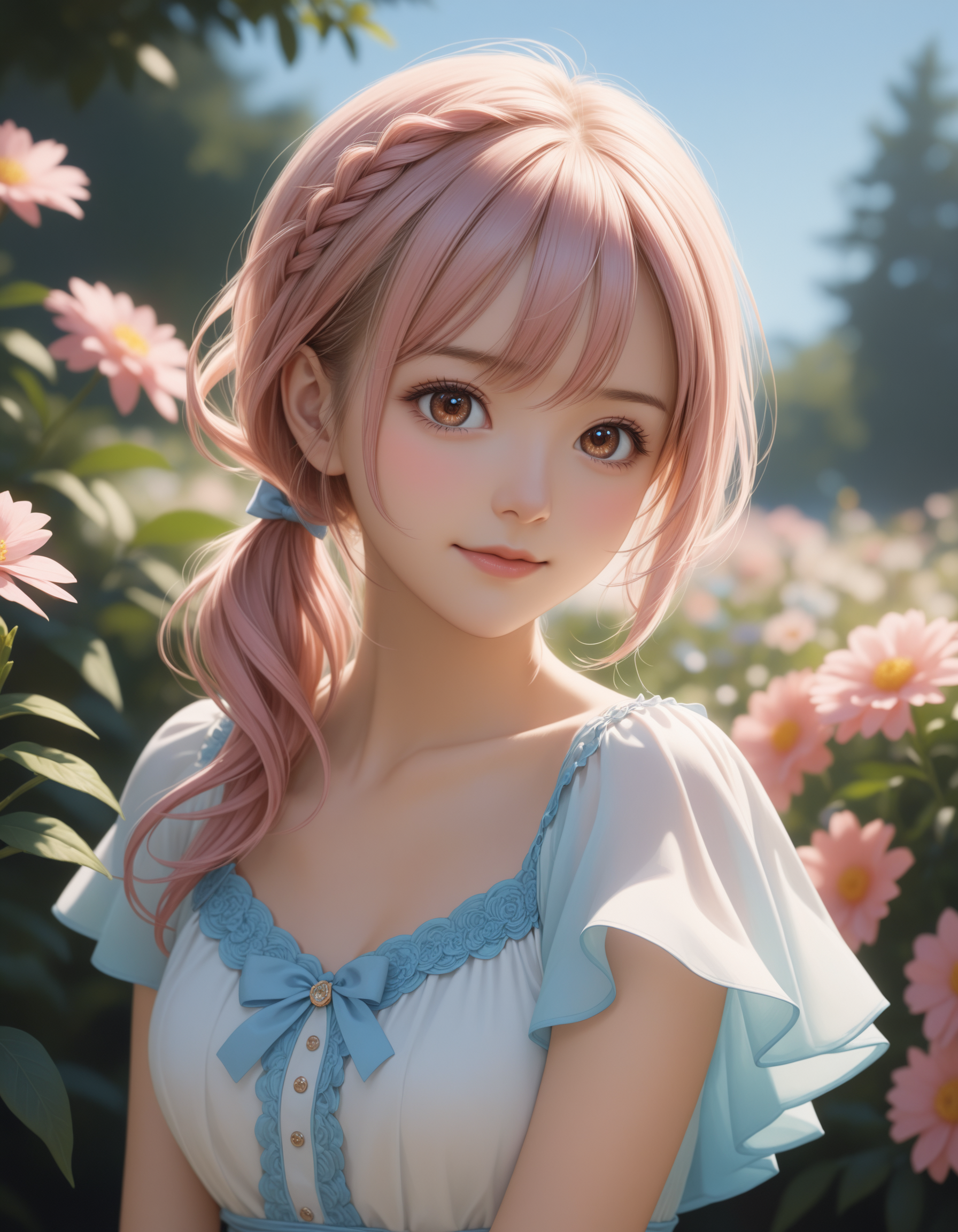 SceneDescription:
  - Composition: Portrait. Face focus. Shooting from front.
  - Subject: A cute girl.
    - Characteristics:
      - Face: (Cute round face:1.2).
      - Eyes: Detailed brown eyes.
      - Hair: Wavy hair, (side ponytail:1.05), pale pink hair and hair between eyes.
      - Body: Detailed slender body. Medium breasts.
      - Clothing: White chiffon a-line dress, flutter short sleeves, layered ruffled skirt and ribbon waist.
      - Expression: Happy expression. Close mouth.
      - Posing: Contrapposto. Head tilt. Looking at viewer.
  - Background: Fashionable flower garden.
    - Elements: Blue sky.
Time: Daytime.
Lighting: (Natural lighting:1.4).
ArtStyle: Photorealistic. Cute style.
Quality: Intricate details. Extremely detailed. Outstanding intricacies. (Masterpiece:1.2). (Best quality:1.2). (Absurdres absolutely resolution:1.4).
Mood: Serene atmosphere.