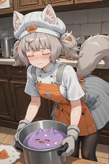 detailed background, shiny skin, posing,
<lora:margherita.il:0.9>,
margherita,
holding pot both hands, bent over, serving food, blush, closed eyes, embarrassed, looking at viewer,
monster in pot, purple goo in pot,