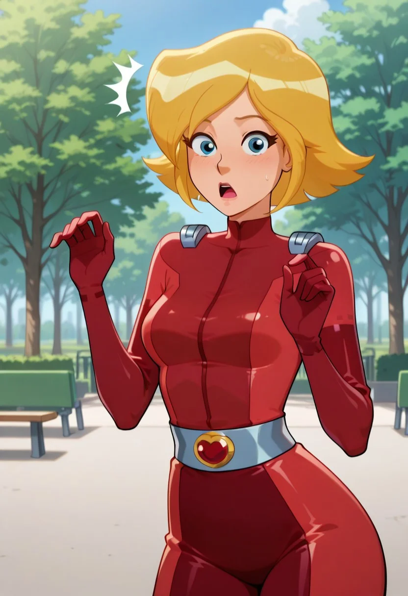 score_9, score_8_up, score_7_up, masterpiece, best quality, good quality, 1girl, solo, cartoon, totally_spies_2k24, cl0ver, blonde hair, blue eyes, red bodysuit, sexy body, medium breasts, narrow waist, wide hips, beautiful, detailed, high detailed, very beautiful, detailed face, detailed eyes, detailed hand, park, looking at viewer, surprised, surprised expression,