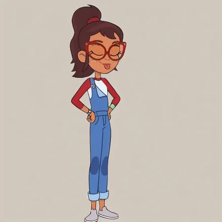 hands on hips, freckles, hailey banks, Mole, dark skin, Ponytail, Red and white shirt, wristband, upper body, long sleeves, swimsuit, young slender, standing, Cuffed pants, Glasses, tan skin, gray shoes, cuffed pants, outstretched arms, Freckles, glasses, tongue, Full body, Hands on hips, watch, brown eyes, simple background, eyelashes, closed eyes, one shoulder strap, Red-framed eyeware, Blue overalls, 1girl