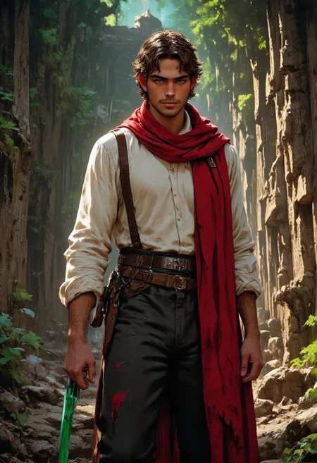 detailed photorealistic illustration, star wars style, evoking adventure archaeologist themes, closeup portrait of an Indian male Jedi Knight resembling Dev Patel with dark skin, wavy tussled dark hair, and a short beard. He evokes a scholar vibe, approximately 27 years old. He is wearing a white shirt with sleeves rolled-up to his elbows, dark WW1-style military trousers, suspenders, and WW1-style combat boots. He is wearing a long torn red cloak wrapped around his neck like a scarf, held in place with a cloak-pin. He is holding a green lightsaber in his hand. He is searching through an ancient lost tomb set in a rainforest, standing in ray of sunlight inside destroyed temple, directional lighting, masterpiece, perfect composition, perfect hands, perfect face, perfect body, Indian male, Indian skin-tone, resembling Gawain from the Green Knight, hair on his forearms. He evokes an adventure archaeologist vibe.