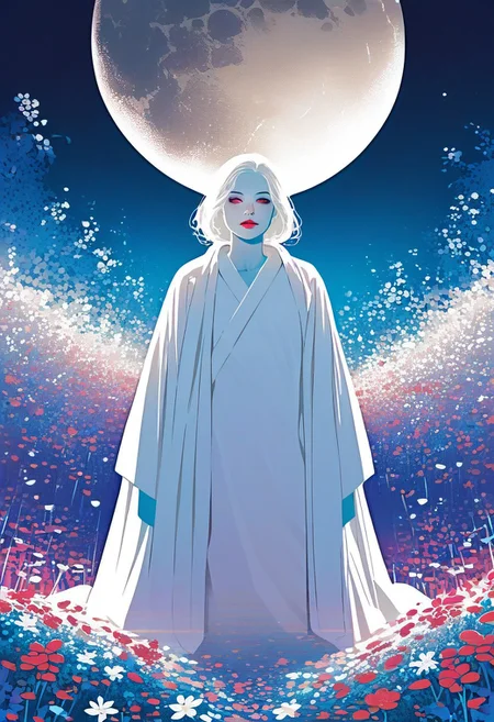 zPDXL3, 1woman, robe, moon, flowers, white skin, highly detailed,   high resolution, best quality, sharp quality,  clear quality, High-definition, smooth image, bright colors, vibrant colors, clean lines,