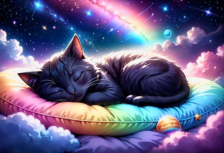 anime style, detailed illustration, a cute sleeping cat, extra fluffy, curled up, eyes closed, on floating pillow, cloud, stars, moons, all planets, rainbows, shooting star, comet, galaxies, nebula, [[[[embrace the kitsch]]]], dream, ethereal, misty, calm, soft lighting, Jed-Cosmos, damagedphoto, ((((vignette, black vignette, soft blurred edges))))