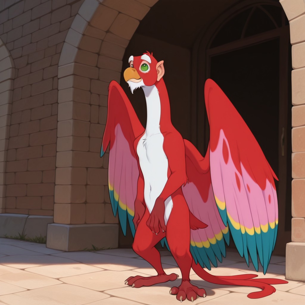 ((masterpiece, best quality, amazing quality,)) NiddlerPoDW, semi-anthro, male, avian, red feathers, wings, green eyes, white goatee, standing, outside