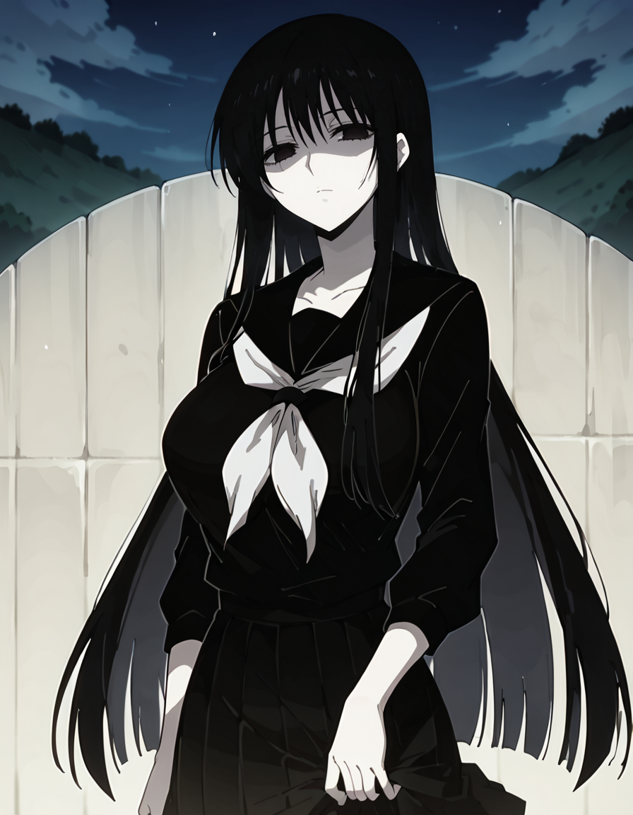 score_9,score_8_up,score_7_up,score_6_up,score_5_up,score_4_up,1girl,<lora:hagoromogitsune:0.8> hagoromogitsune, empty eyes,,shaded face,black hair,pale skin,white skin,very long hair,large breasts,looking at viewer,monochrome girl,school uniform,black serafuku,serafuku,black shirt,black skirt,night,outdoor,