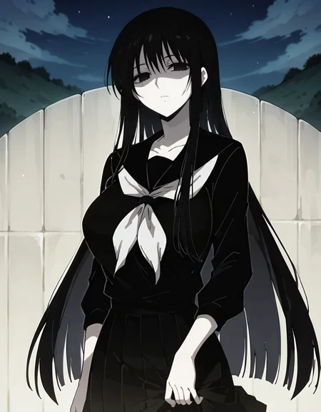 score_9,score_8_up,score_7_up,score_6_up,score_5_up,score_4_up,1girl,<lora:hagoromogitsune:0.8> hagoromogitsune, empty eyes,,shaded face,black hair,pale skin,white skin,very long hair,large breasts,looking at viewer,monochrome girl,school uniform,black serafuku,serafuku,black shirt,black skirt,night,outdoor,