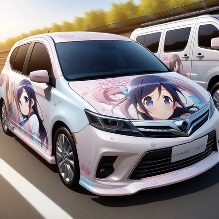 aragaki ayase,smile,vehicle focus, from side(lapping car,print car,painted car style),masterpiece,best quality, very aesthetic, absurdres, ultra detailed <lora:Ayase_Aragaki_-_Oreimo:0.7> <lora:lappingcar:1>