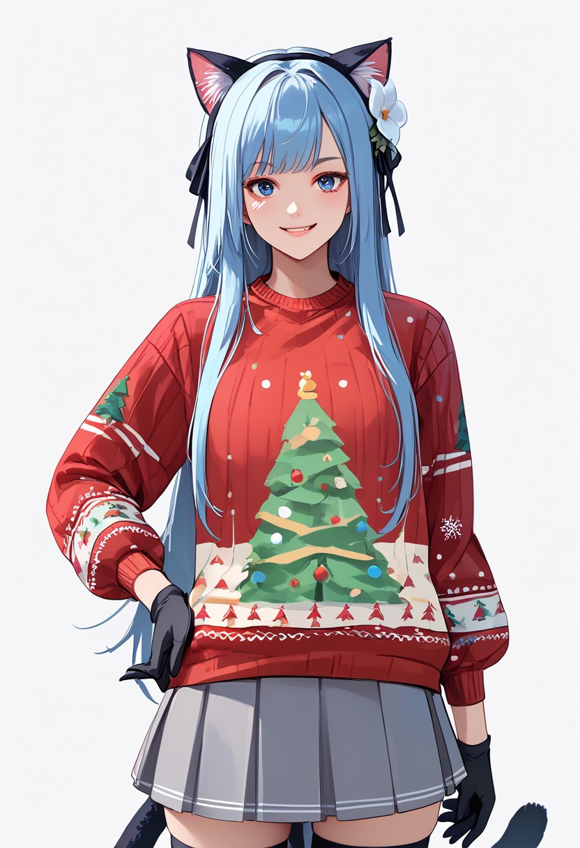 score_9, score_8_up, score_7_up, score_6_up, score_5_up, score_4_up, masterpiece, ultra-detailed, high resolution,
christmas_sweater,chuxue, 1girl, animal ears, tail, solo, blue hair, blue eyes, gloves, long hair, thighhighs, cat ears, skirt, cat tail, white background, flower, cat girl, black gloves, bangs, hair ornament, simple background, red shirt, grey skirt, smile, hand on hip, grey gloves, hair flower