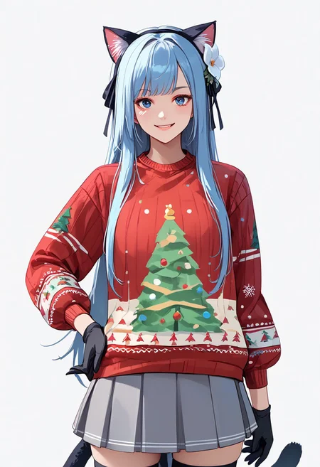 score_9, score_8_up, score_7_up, score_6_up, score_5_up, score_4_up, masterpiece, ultra-detailed, high resolution,
christmas_sweater,chuxue, 1girl, animal ears, tail, solo, blue hair, blue eyes, gloves, long hair, thighhighs, cat ears, skirt, cat tail, white background, flower, cat girl, black gloves, bangs, hair ornament, simple background, red shirt, grey skirt, smile, hand on hip, grey gloves, hair flower