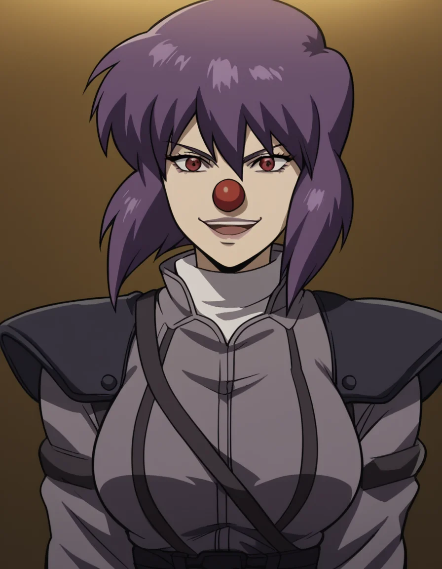 score_9, score_8_up, score_7_up, source_anime, <lora:motoko-kusanagi-s2-ponyxl-lora-nochekaiser:1>, motoko kusanagi, kusanagi motoko, short hair, large breasts, red eyes, purple hair,, <lora:clown-ponyxl-lora-nochekaiser:1>, clown, makeup, clown nose, facepaint, gloves, long sleeves, frills, dress,, smile, open mouth, smug, , dutch angle, cowboy shot
