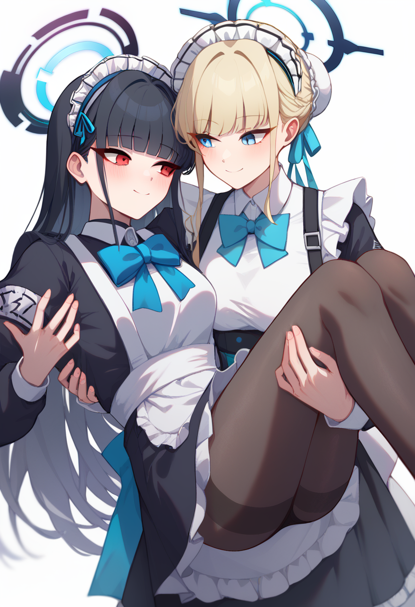 score_9,score_8_up,score_7_up,<lora:princess_carry_pony_pony:1>,multiple girls, 2girls, character: rio (blue archive), character: toki (blue archive), maid headdress, maid, maid apron, white background, simple background, carrying, blush, smile, red eyes, blue eyes, black hair, blonde hair, long hair, very long hair, hair bun, hair ornament, blunt bangs, bun cover, pantyhose, black pantyhose, skirt, apron, sweater, turtleneck sweater, jacket, black skirt, white sweater, black jacket, white apron, dress, halo, blue halo, turtleneck, long sleeves, bow, bowtie, yuri, princess carry