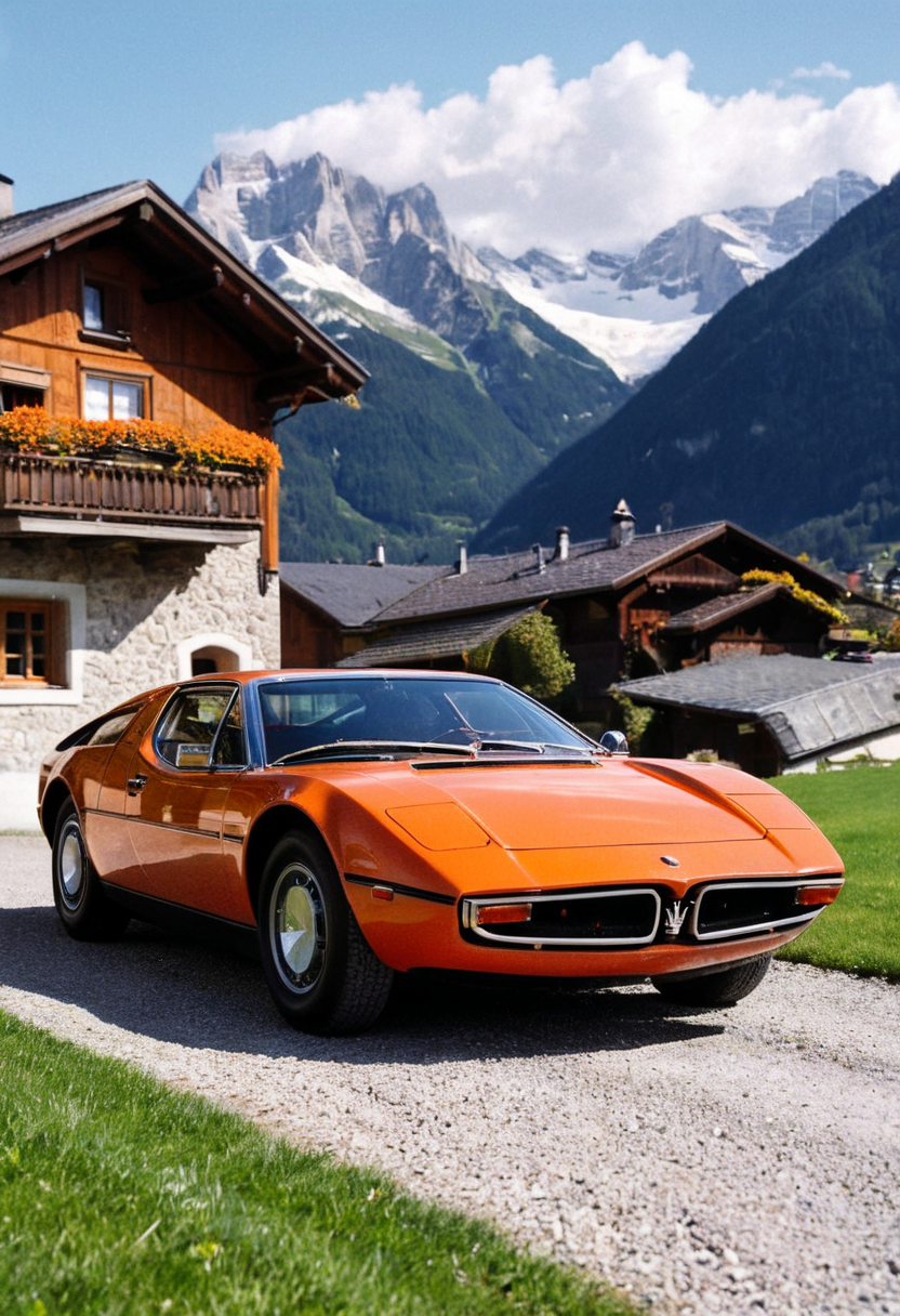 ClassicSportsCar, gleaming orange Maserati Bora, side front view, lawn, Swiss Alps mountain village in background, sunny spring afternoon, 4K, highly detailed, (stylish grainy analog 35mm film photo)