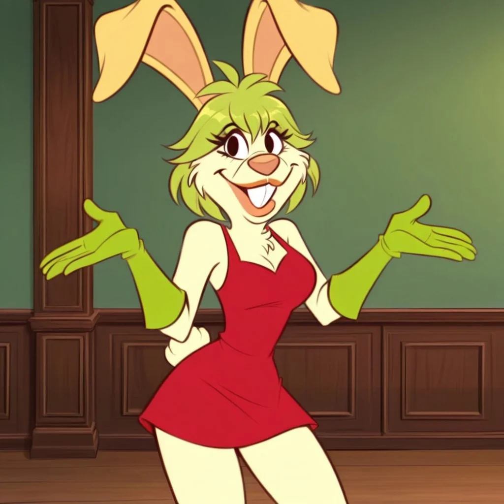 1girl, solo, vicky_coneja, anthro, buck teeth, rabbit girl, yellow rabbit ears, green hair, short hair, rabbit tail, red dress, green opera gloves, standing, closed mouth, looking at viewer, smiling, indoors