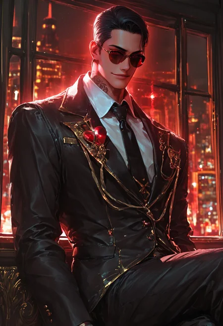 GoonJuice, anime-style, (masterpiece, best quality, absurdres, highres), amazing quality, very aesthetic, (volumetric lighting), digital art style, drawn aesthetic, concept painting, ultrahigh definition, dark red lighting, black and gold, detailed, intricate details,1male, black suit, sunglasses, noir, black neck tie, mafia, ikeman, mature male, by a window, city lights, inside, velvet curtains with gold ropes, handsome male, rugged, regal, luxurious, slick back hair, red eyes, smirk, evil, flowy jacket, (((oversized, very large, transparent faceted red glass heart))), hair in face, sitting, low key, cowboy shot, tattoos, detailed face, eyelashes, half-closed eyes, crossed leg, dynamic angle, image depth,blurry background, dark lighting, dark background, dof, depth of field, detailed line work, low key, dramatic lighting, dark theme