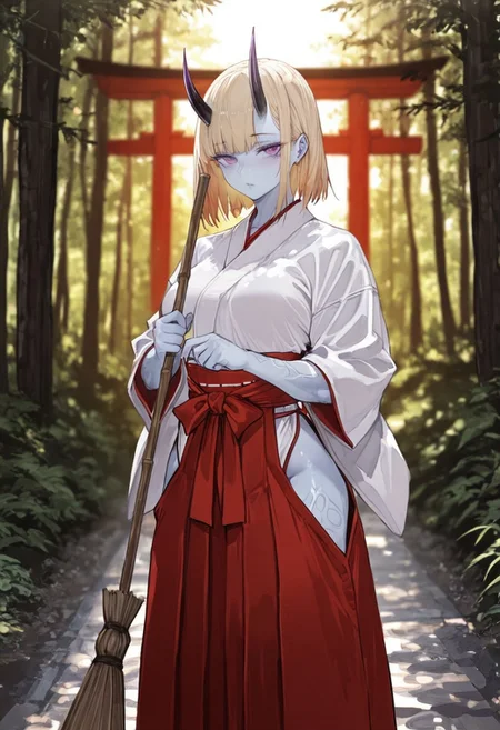 masterpiece, best quality, amazing quality, 1girl, 
 8K, illustrating, CG, detailed-eyes, detailed background, cute girl, eyelashes, lowlight
BREAK
detailed background, eyelashes, erotic, looking seductive, coy. dynamic action image, detailed face, detailed eyes, direct mesmerizing gaze, 
BREAK
(EyesHD:1.2), (4k,8k,Ultra HD), masterpiece, best quality, ultra-detailed, very aesthetic, sharp focus, depth of field, ray tracing, best lighting, detailed illustration, detailed background, cinematic, beautiful face, beautiful eyes,
BREAK
(sexy, slutty, hot, aroused), 
Aka-Oni, oni, colored skin, light blue skin, smooth horns, black horns,  muscular female, large muscles, blonde hair
BREAK
miko, japanese clothes, red hakama, white kimono, tree, (forest), broom, holding broom, sweeping, hakama short skirt, hip vent, (torii:0.9), looking at viewer,, blurry, blurry background, purple eyes,