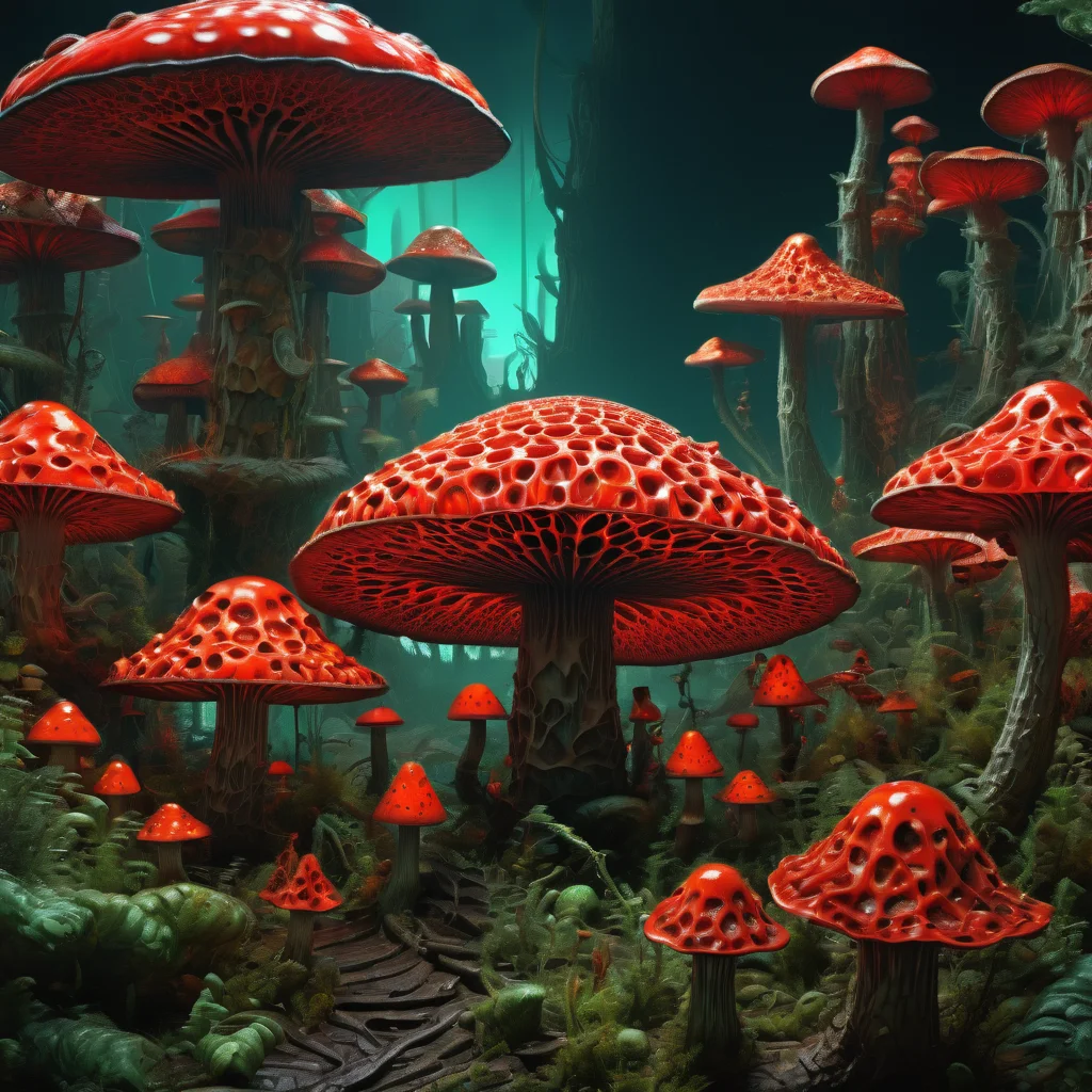 ((best quality)), ((masterpiece)), ((realistic,digital art)), (hyper detailed),DonMG414XL Pyrrole Red Massive Club-shaped Fibrous mushroom, Rigid, Flaky, Enhanced Nutrient Uptake, Plateau, Solitary, Phosphorescent, Concentrically Arranged Hymenium,,Zoned Pores, , octane rendering, raytracing, volumetric lighting, Backlit,Rim Lighting, 8K, HDR, <lora:DonMG414XL-000015:1>
