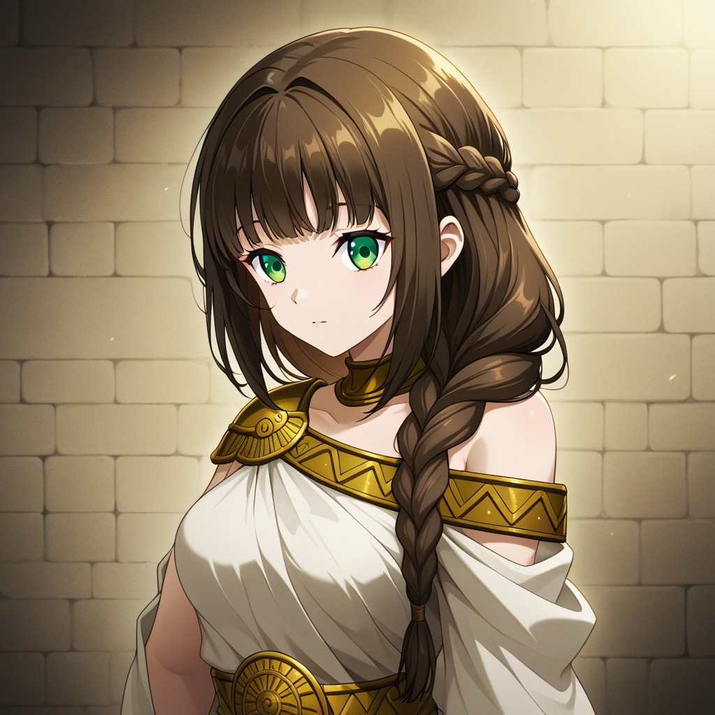 rh34, brown hair, long hair, choppy bangs, high braid, green eyes, medium breasts, ancient greek clothes, plain toga, shoulder broach, one side off-shoulder,