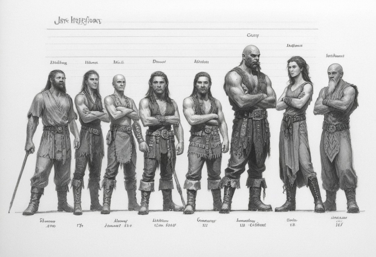 this is a black and white pencil drawing featuring six fantasy characters each representing different humanoid races from a fantasy world. the drawing is detailed and intricately detailed showcasing a variety of races and their attire. 1. **human**: standing on the far left this character is tall and slender with long hair tied back. they wear a loose sleeveless tunic with a belt and fitted trousers cinched at the waist and knee-high boots. 2. **half-orc**: next to the human this character is muscular and imposing. they have a shaved head pronounced brow ridges and a strong jaw. they wear a sleeveless tunic and fitted pants cinched at the waist with a belt and knee-high boots. 3. **gnome**: this character is small and slender with a pointed beard and hair. they wear a fitted tunic with a belt knee-high boots and a small pointed hat. 4. **haffling**: standing in the center this character is muscular and has a long beard and hair. they wear a sleeveless tunic fitted pants and knee-high boots with a belt. 5. race_chart monochrome greyscale multiple boys facial hair beard muscular boots belt chest hair topless male crossed arms 1girl long hair sketch traditional media mustache 6+boys bald