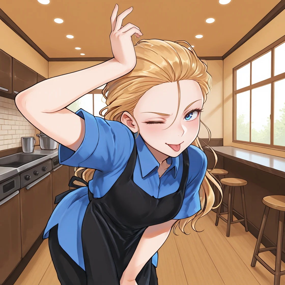 best quality, colorful, masterpiece, detailed_background, amazing_quality, <lora:Wendy_-_Waffle_House-000008:1> wh-waitress, 1girl, blonde hair, blue eyes, blue shirt, black apron, black pants, arm up, indoors, tongue out, one eye closed,
, <lora:DetailedEyes_V3:1>