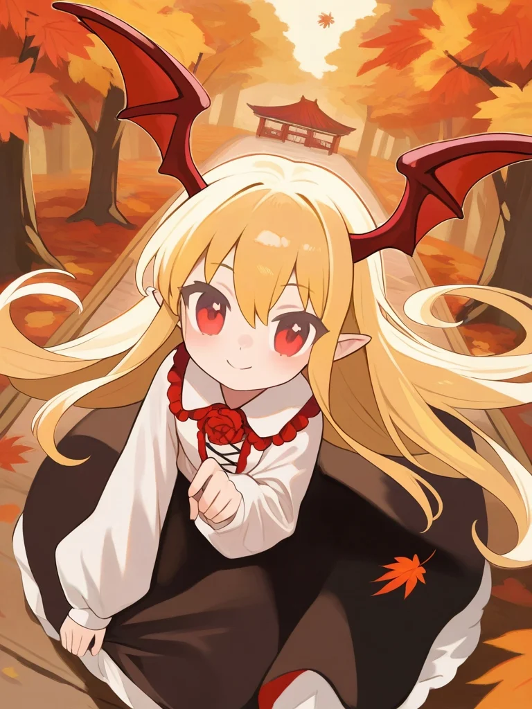 solo,female focus,vampy,blonde hair,looking_at_viewer,looking_up,front view,chinese style architecture,floral_background,smile,in autumn,(autumn maple forest:1.3),(very few fallen leaves),(path),,<lora:yitiaocudai>, masterpiece, best quality, very aesthetic, absurdres