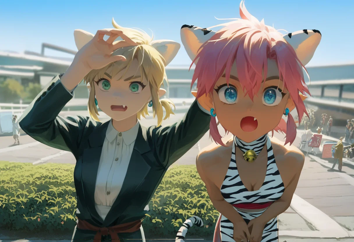 score_9, score_8_up, score_7_up, score_6_up, Masterpiece, source_anime screenshot, 1 girl, vivid colors, full color, shiny and glossy, anime style, high-res, beautiful aesthetic, very intricate, high-quality details, vibrant, highly detailed, award-winning, professional, <lora:pink-ponyxl-v2:1>, single fang showing, sleeveless dress, white tiger print dress, pelvic curtain, cleavage, white cat ears, cat bell necklace, bright pink hair, tanned, white tiger tail, red sash, small breasts, leather shoes, detailed eyes, green eyes, detailed face, break, <lora:link:1> link1, link, pointy ears, blonde hair, blue eyes, medium hair, side locks, earrings, short ponytail, blue hylian tunic, break, pink and link protesting, pink and link shouting, holding protest signs over their heads, whimsical, funny, front view, blurred background, dutch angle, close up, cowboy shot