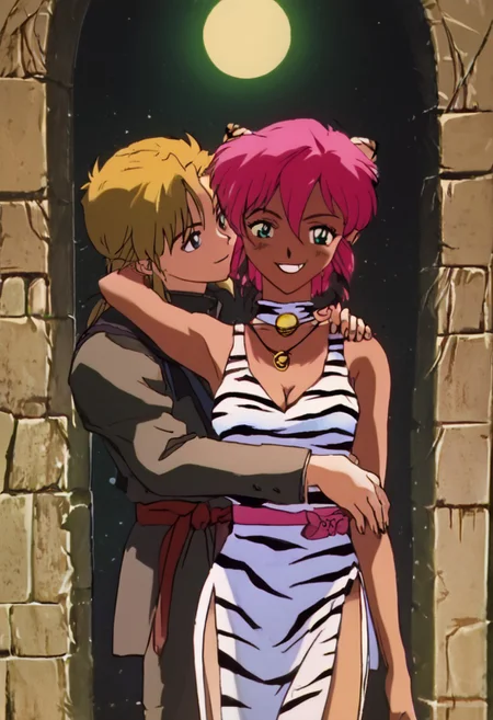 score_9, score_8_up, score_7_up, score_6_up, 1990s_(Style), 90s, Anime_Coloring, masterpiece, source_anime screenshot, duo, 1 girl, 1 boy, vivid colors, anime style, cartoon anime, source_anime, high-res, beautiful aesthetic, very intricate, high-quality details, vibrant, highly detailed, award-winning, professional, sleek and shiny, <lora:pink-ponyxl-v2:1>, single fang showing, sleeveless dress, white tiger print dress, pelvic curtain, cleavage, white cat ears, cat bell necklace, bright pink hair, tanned, white tiger tail, red sash, small breasts, leather shoes, detailed eyes, green eyes, detailed face, smile, BREAK score_9, score_8_up, score_7_up, score_6_up, Masterpiece, source_anime, anime style, 1 girl, 1 boy, vivid colors, high-res, beautiful aesthetic, very intricate, high-quality details, vibrant, highly detailed, award-winning, professional, <lora:link:1> link1, link, pointy ears, blonde hair, blue eyes, medium hair, side locks, earrings, short ponytail, blue hylian tunic, grin
Break
In front of Medieval castle in ruins, pink and link standing for photo, hugging, kissing neck, night time, moon partially showing behind castle, front view, cowboy shot, whimsical, happy