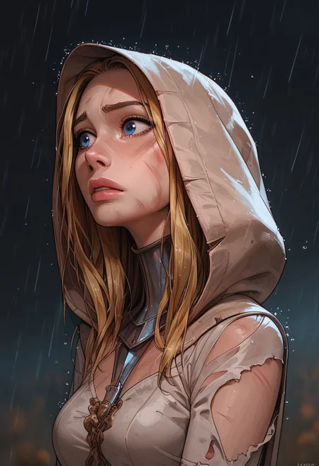 (score_9, score_8_up, score_7_up). (line work, excellent drawing, highest quality, extremely detailed:1.2). solo, 1girl, 24 year old woman, Battle Cleric, saint, vestal, hood, armor, religious, medium breasts, glossy lips, long lashes, blue eyes, blonde hair, innocent, cute face, pale skin, soft skin, scared, injured, slut face, nympho, horseriding skirt, fantasy, dnd, g0thicPXL, romantic, source_cartoon, depth of field, medium distance, cowboy_shot, semirealistic, dynamic angle, side view, in profile, dark background, raining, torn clothes, muddy clothes, pinup pose,