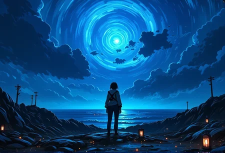 blue hour scene of a lone traveler gazing into the distance. The scene showcases dramatic clouds painted in vibrant hues, with an expansive ocean view in the background. The lighting casts cool, mysterious shadows, enhancing the surreal beauty of the landscape. The figure is dressed in a futuristic outfit, adding a spirit of adventure. Small details, like lanterns scattered around, bring an extra layer of magic and realism to the scene.}bv-stuanilan<lora:bv-stunning-anime-landscape-v1.safetensors:1.0:1.0>