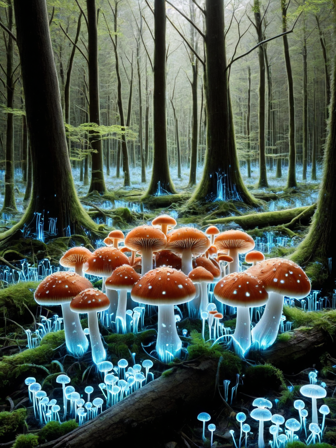 A cluster of ais-blmn mushrooms sprouting on a decaying forest floor. <lora:ais-blmn-sdxl:1>