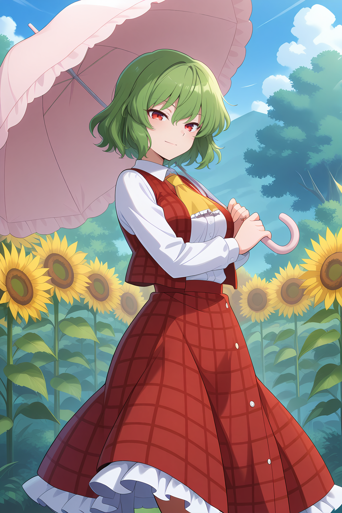 absurdres, highres, masterpiece, best quality, amazing quality, official anime artwork, screencap, anime screencap, outdoors, looking at viewer, light smile, dynamic pose,
 <lora:Yuuka-Kazami_Illustrious:1> kazami yuuka, 1girl, solo, red eyes, green hair, short hair,, red vest, plaid vest, white shirt, long sleeves, red skirt, plaid skirt, frilled skirt, yellow ascot, holding umbrella, 
garden, sunflower,