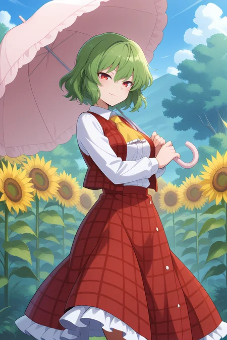 absurdres, highres, masterpiece, best quality, amazing quality, official anime artwork, screencap, anime screencap, outdoors, looking at viewer, light smile, dynamic pose,
<lora:Yuuka-Kazami_Illustrious:1> kazami yuuka, 1girl, solo, red eyes, green hair, short hair,, red vest, plaid vest, white shirt, long sleeves, red skirt, plaid skirt, frilled skirt, yellow ascot, holding umbrella,
garden, sunflower,